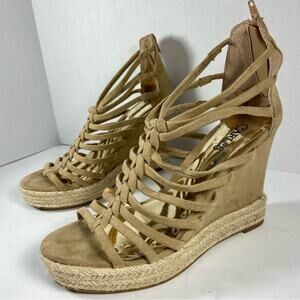 CARLOS tan suede strappy wedge heel sandals taupe beige